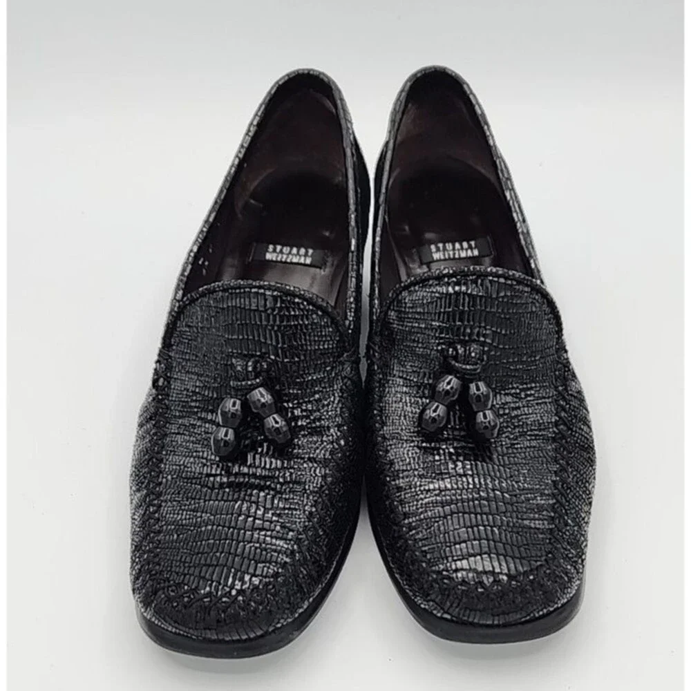 Stuart Weitzman Black Shiny Leather Tassle Loafers Block Heel Size 6.5B
